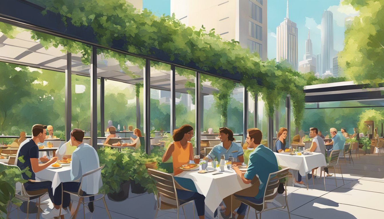 Diners seated at outdoor tables, surrounded by lush greenery and modern architecture, with a bustling cityscape in the background