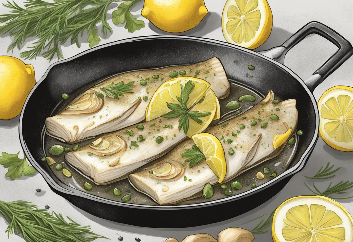 Cod fish sizzling in a skillet with olive oil, garlic, and herbs. Lemon slices and a sprinkle of salt add flavor
