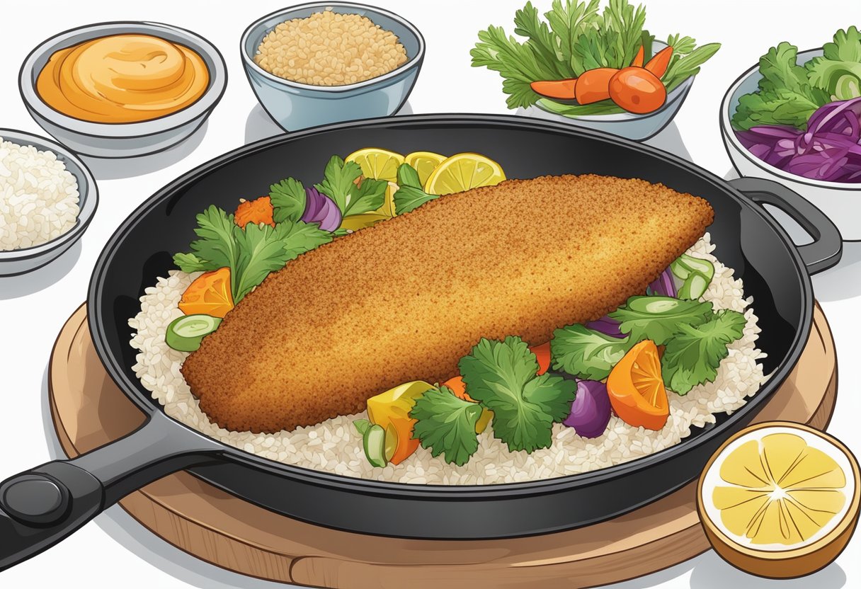 A golden-brown breaded fish fillet sizzling in a skillet, surrounded by colorful vegetables and herbs, with a side of whole grain rice on a white plate