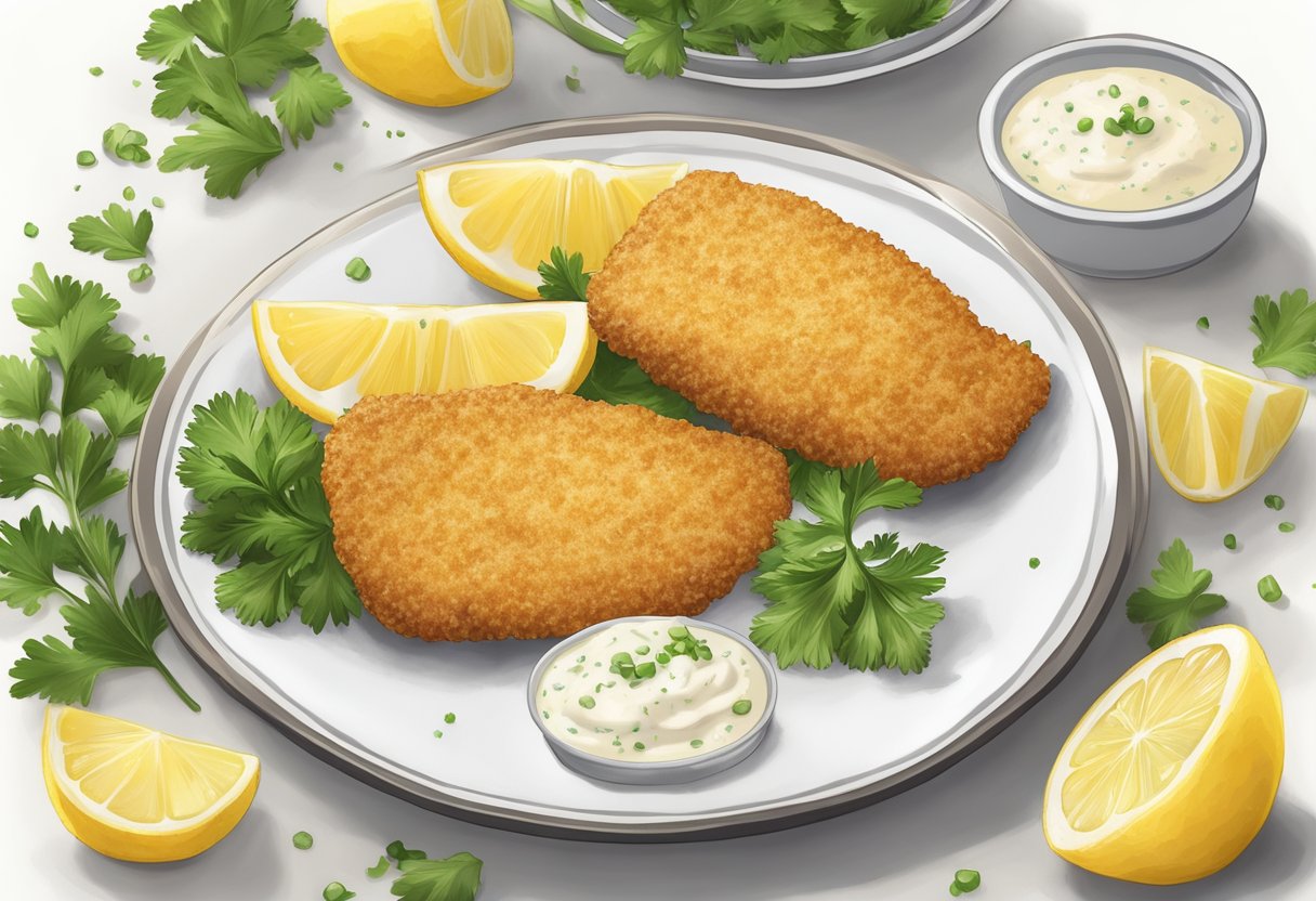 A plate of golden-brown breaded fish fillets with a side of tartar sauce, lemon wedges, and a sprinkle of fresh parsley on a white serving platter