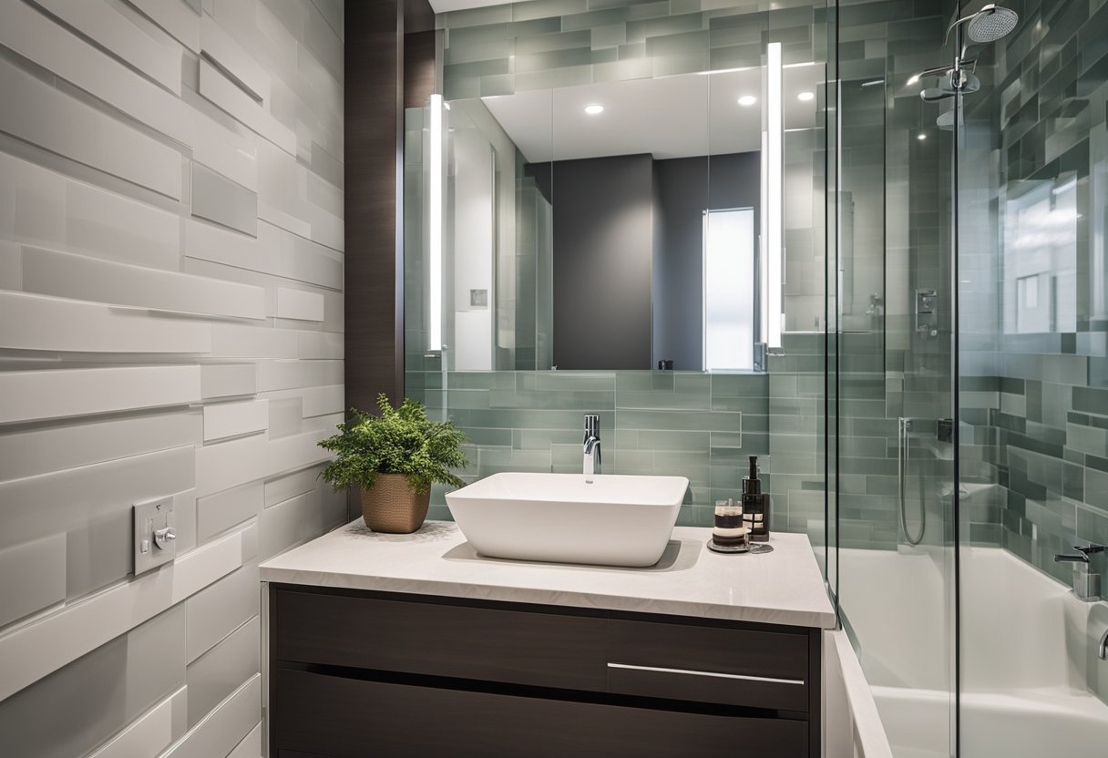 A modern condo bathroom being renovated with new tiles, a sleek vanity, and a glass-enclosed shower