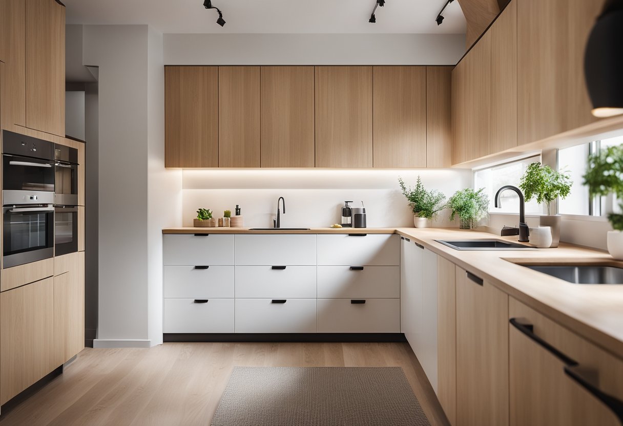 A clean, minimalist Finnish kitchen with natural wood cabinets, sleek countertops, and large windows letting in plenty of natural light