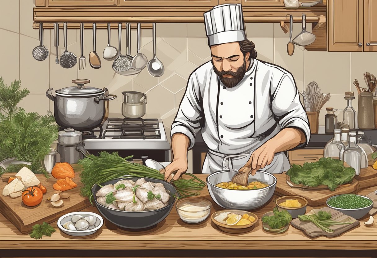 A chef prepares a traditional cod fish recipe, surrounded by various cooking ingredients and utensils on a wooden kitchen counter