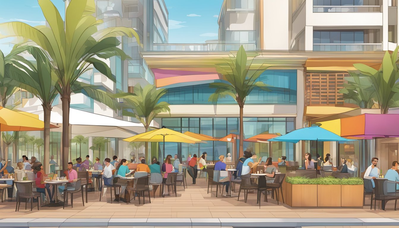A bustling row of diverse restaurants at Millenia Walk, with colorful signage and outdoor seating, surrounded by modern architecture