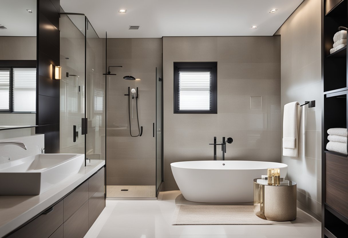 A clean, modern bathroom with sleek fixtures and neutral colors. A spacious shower with glass doors and a luxurious bathtub. Bright lighting and ample storage space