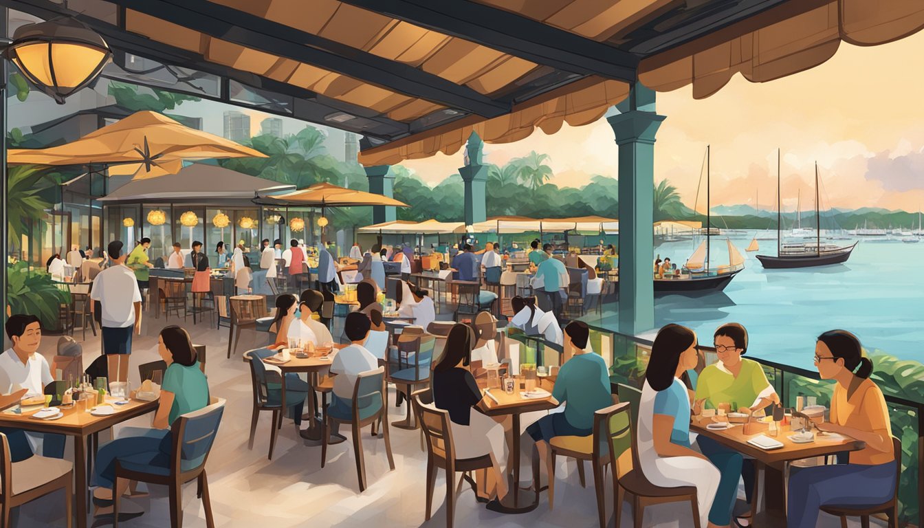 The Sentosa Cove restaurants bustle with diners enjoying waterfront views and savoring diverse cuisines