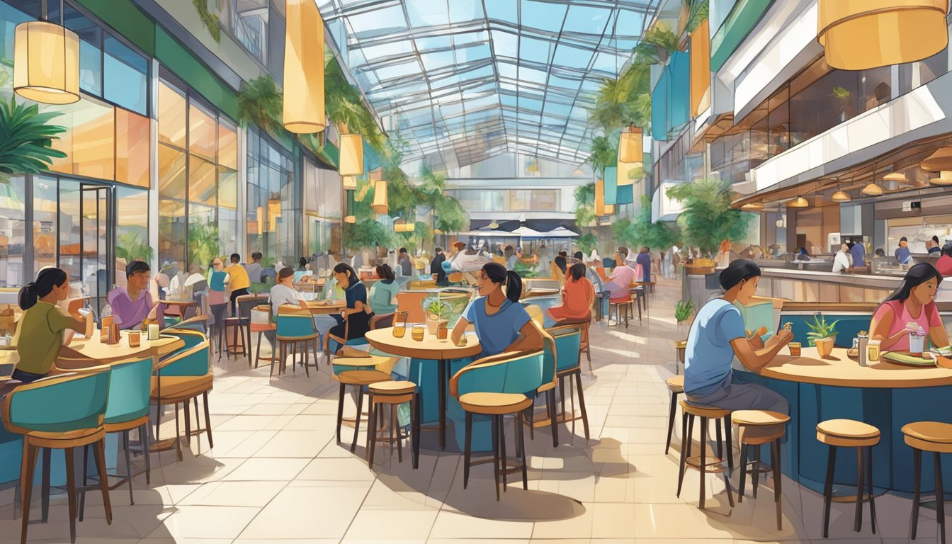 A bustling food court with diverse cuisines and vibrant decor at Millenia Walk. Patrons enjoy a variety of dishes and drinks in a lively atmosphere