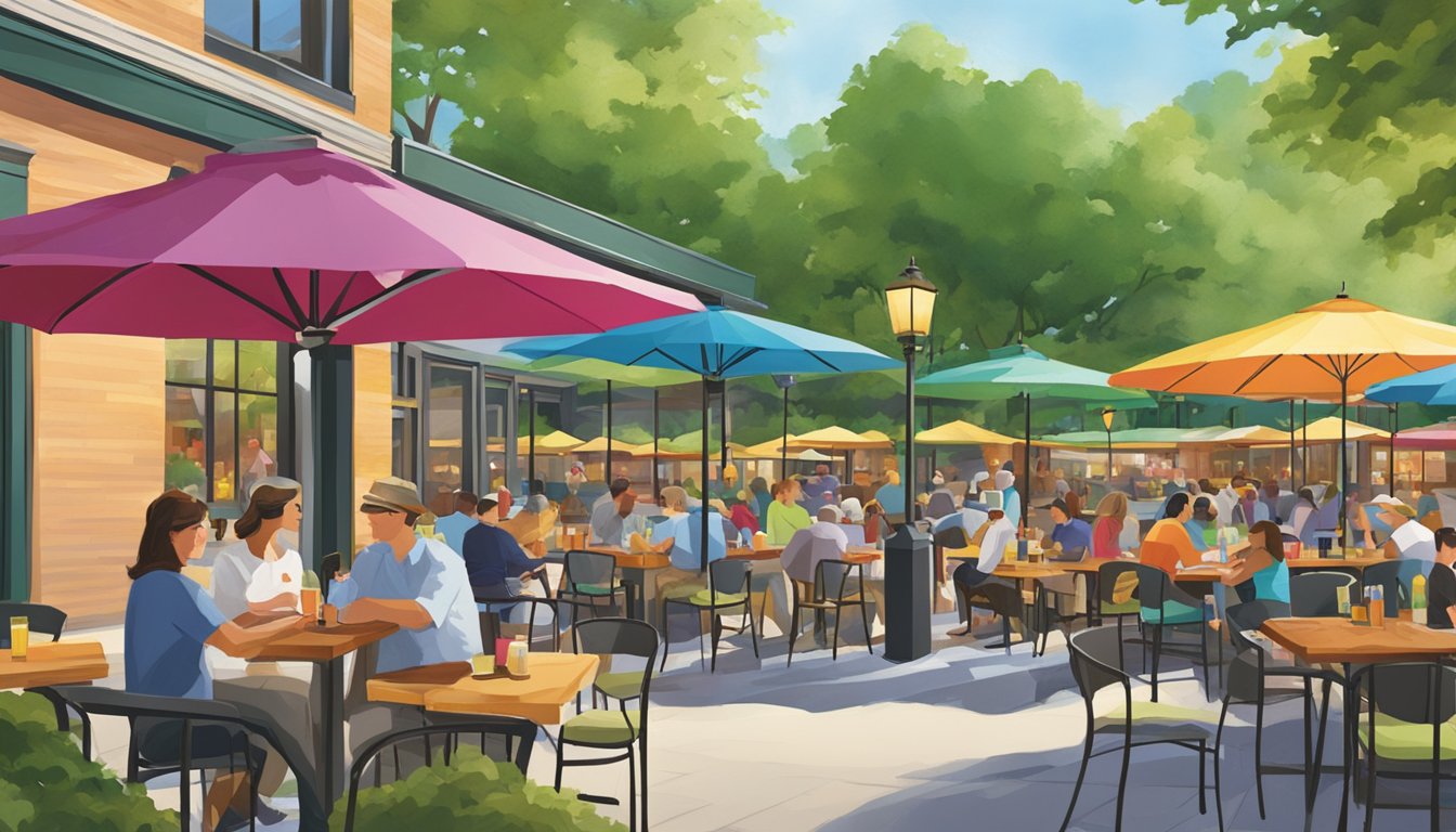 The bustling Rochester park restaurants feature outdoor seating, colorful umbrellas, and a variety of cuisines, creating a lively and inviting atmosphere