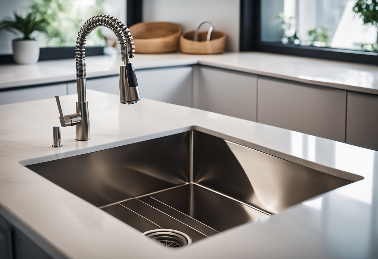 A modern kitchen sink with stainless steel fixtures and a sleek faucet, surrounded by clean white countertops and cabinets