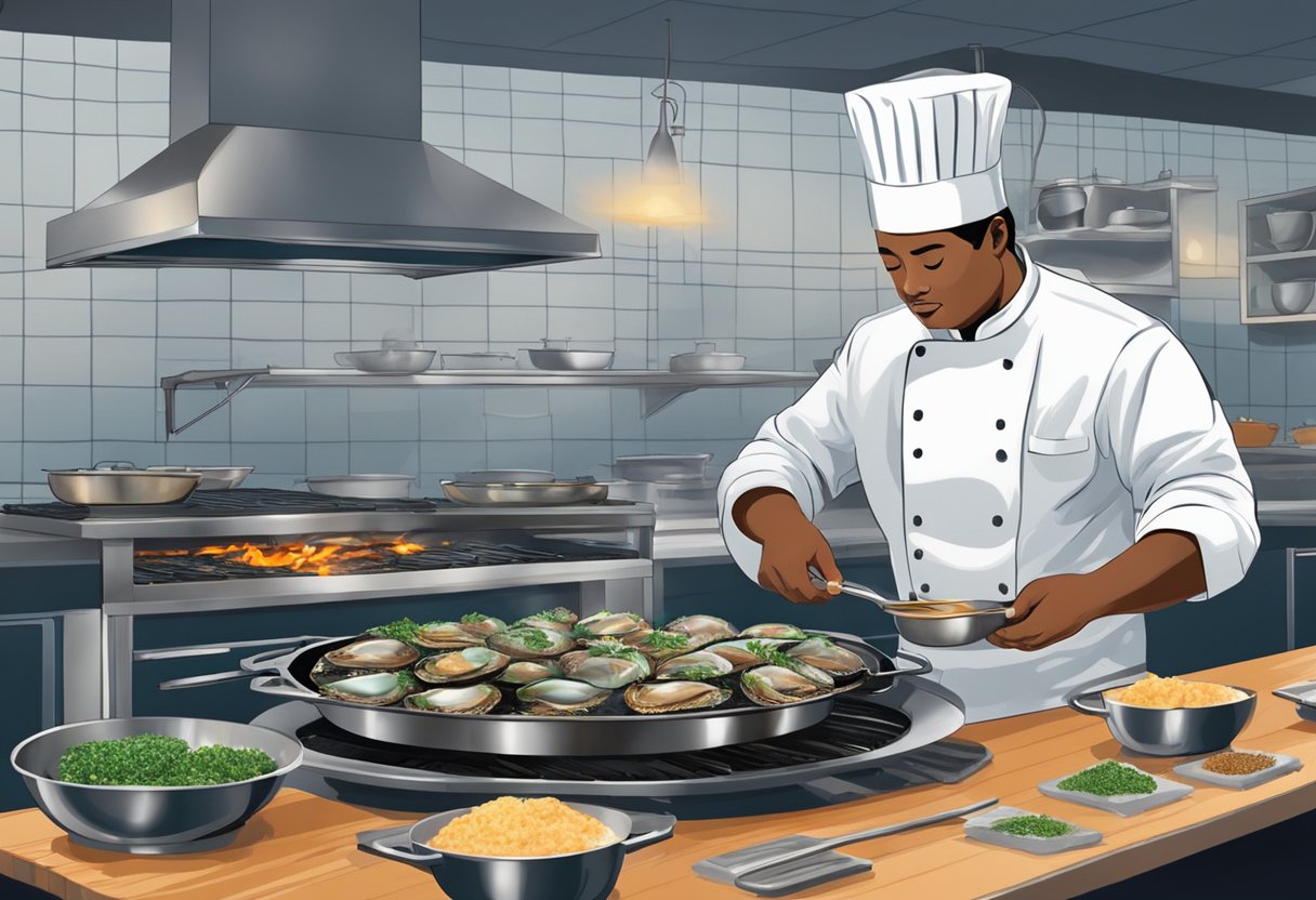 A chef is preparing South African abalone with fresh herbs and spices in a bustling kitchen by the sea. The abalone is being grilled to perfection over an open flame, creating a mouthwatering aroma