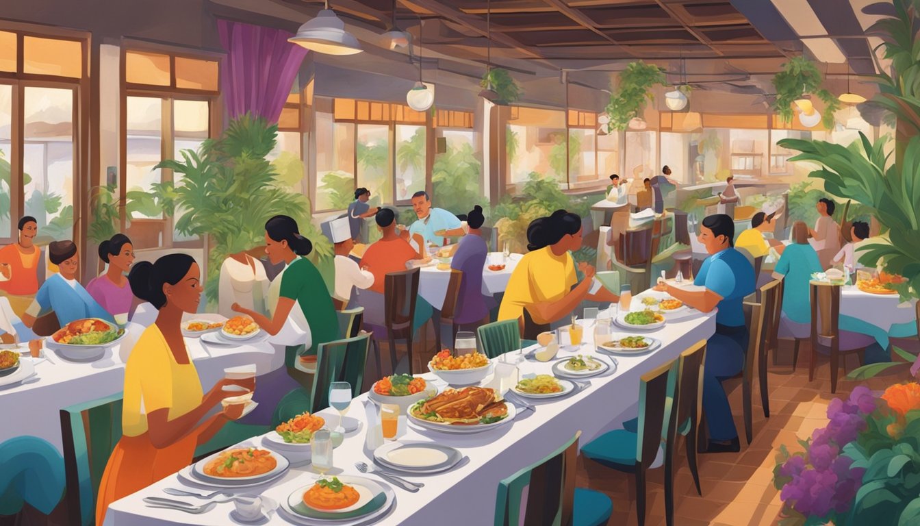 A bustling restaurant scene with vibrant colors, bustling kitchen activity, and elegant table settings. The aroma of sizzling dishes fills the air as diners enjoy a variety of culinary delights