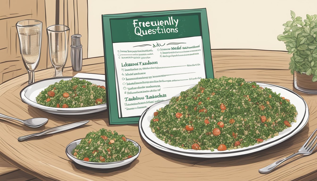 A table with a plate of tabbouleh, a menu, and a sign reading "Frequently Asked Questions" at a Lebanese restaurant