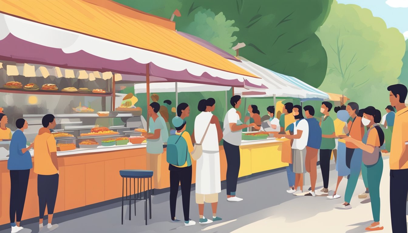 Customers line up at various food stalls in Rochester Park, eagerly asking questions about the menu and ordering their meals. The vibrant atmosphere is filled with the aroma of delicious cuisines