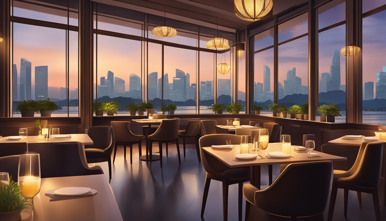 A cozy restaurant with warm lighting, elegant decor, and a view of the Singapore skyline through large windows