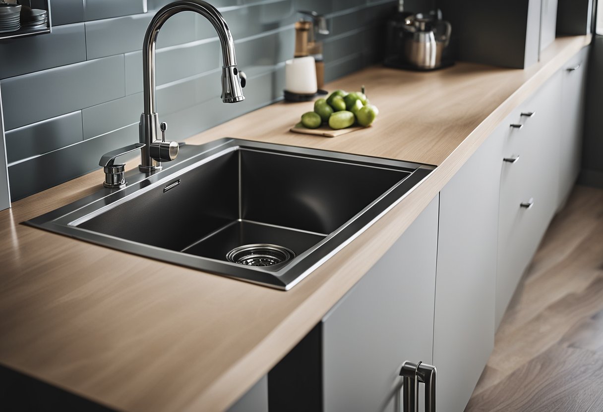 A kitchen sink with a faucet, connected to a water supply and drainage system, surrounded by cabinets and countertops