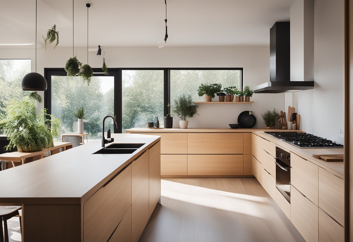A cozy Finnish kitchen with minimalist design, featuring light wood cabinetry, sleek countertops, and large windows letting in natural light