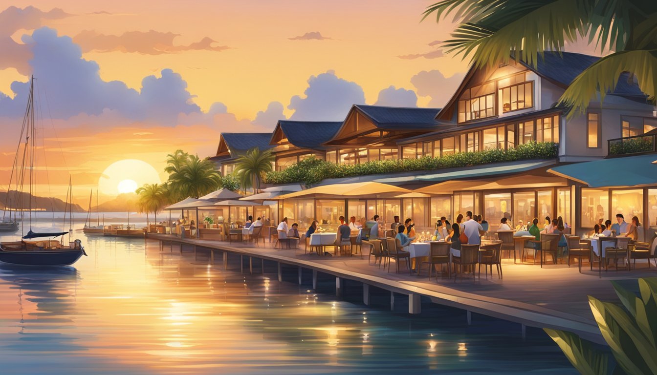 The sun sets over the tranquil waters of Sentosa Cove, casting a warm glow on the elegant waterfront restaurants and bustling leisure activities