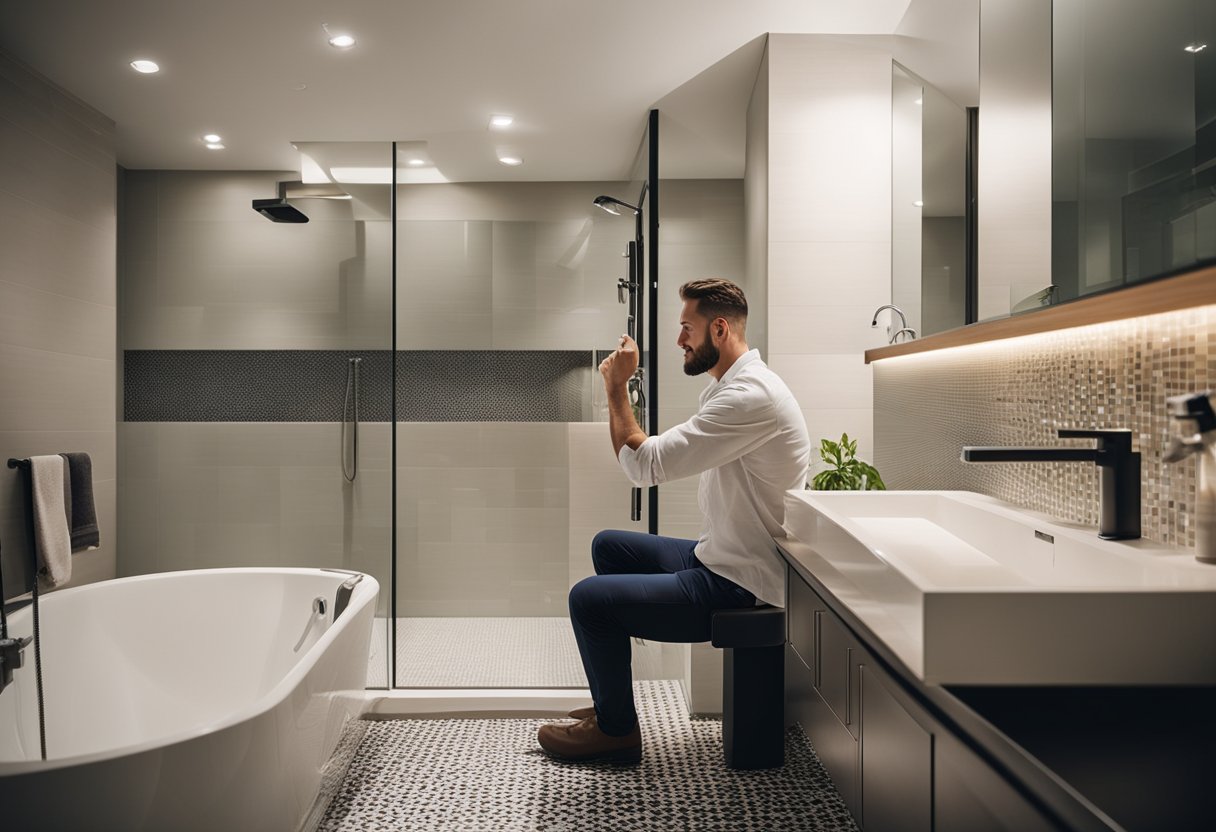 A contractor installs new tiles and fixtures in a modern condo bathroom