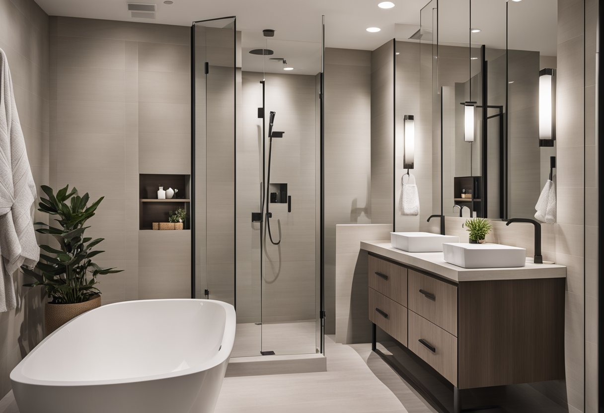 A modern condo bathroom with sleek fixtures and minimalist design, featuring a spacious shower, double vanity, and neutral color palette