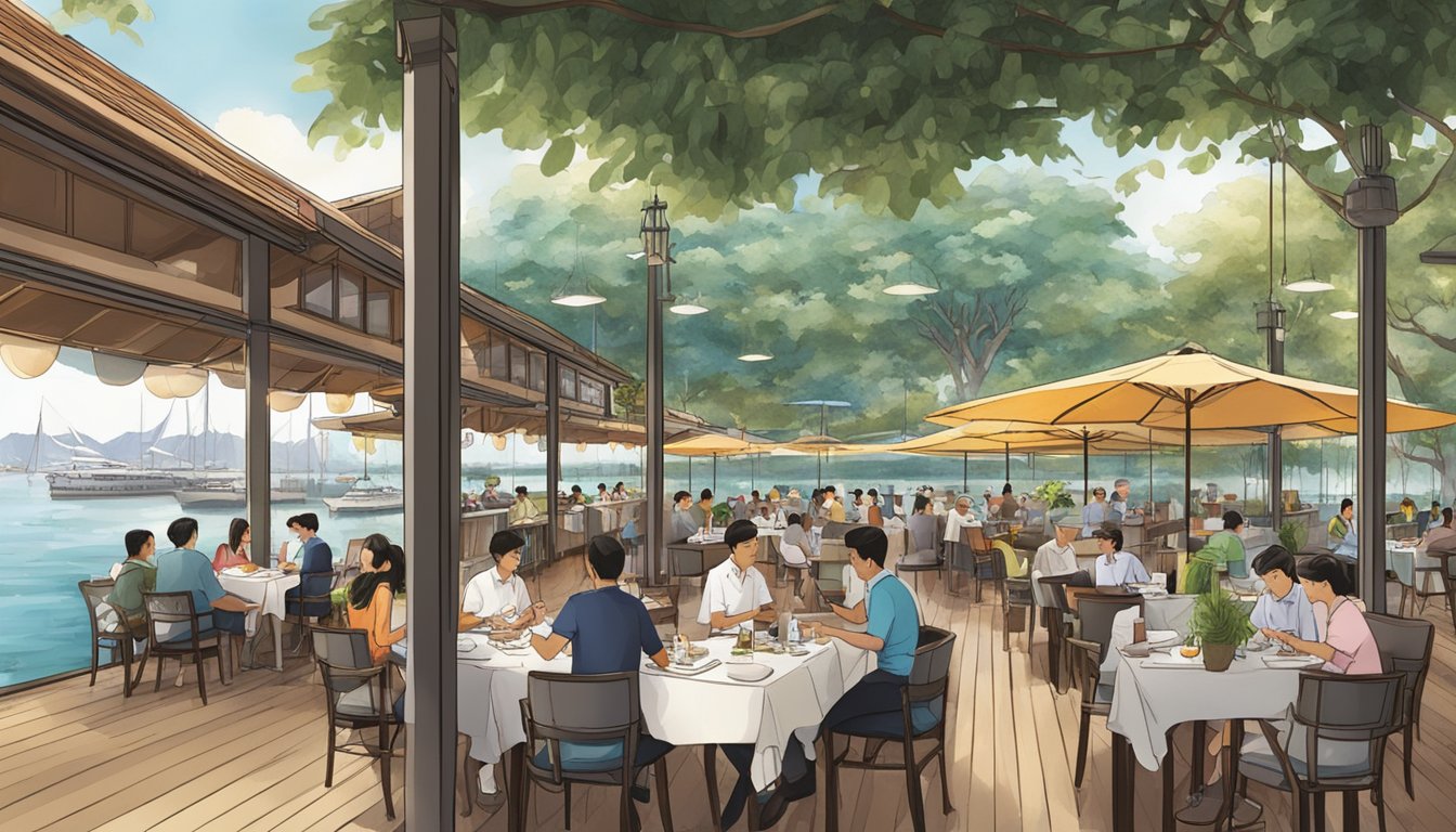 A bustling waterfront restaurant at Sentosa Cove, with diners enjoying meals and staff attending to customers' inquiries about the menu