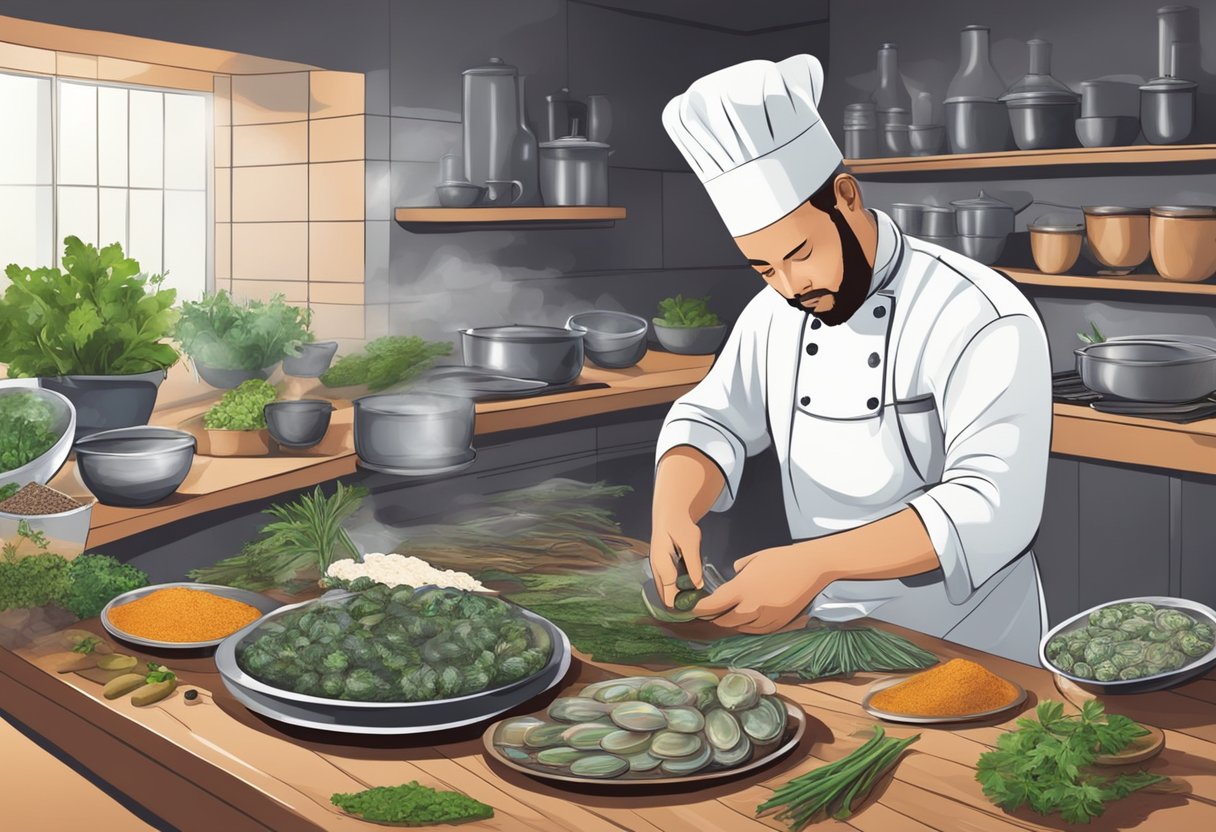 A table set with fresh abalone, herbs, and spices. A chef prepares to cook the delicacy in a South African kitchen