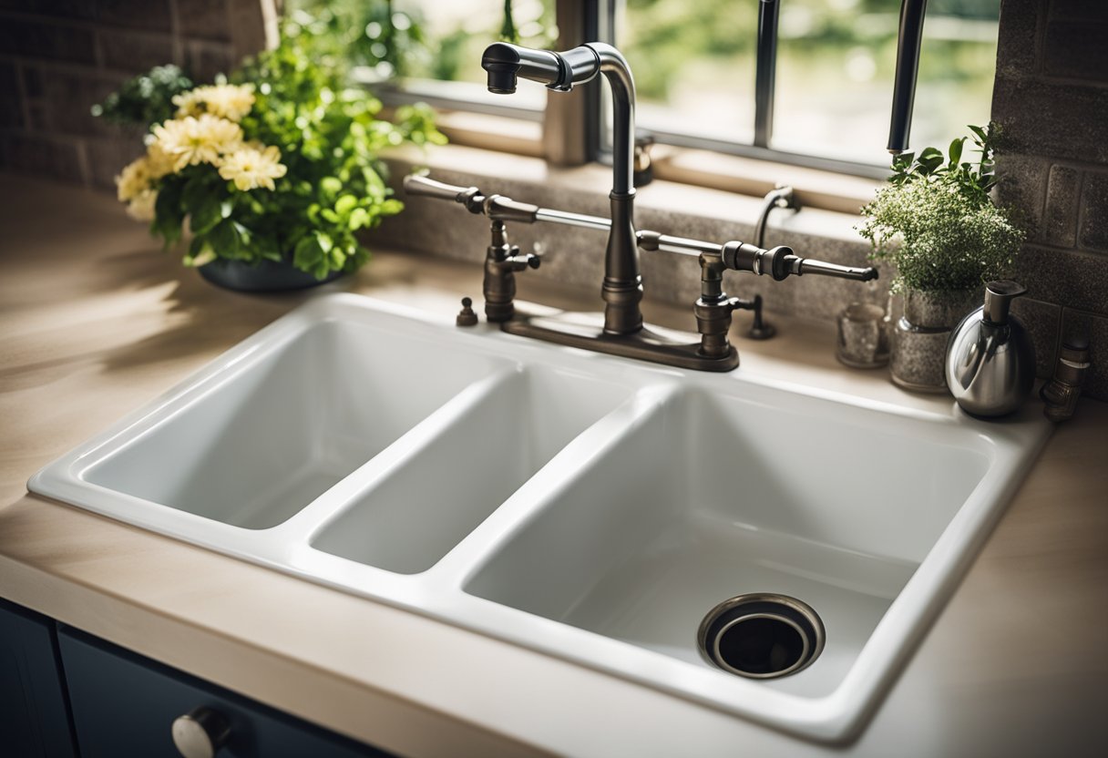 A kitchen sink with multiple pipes and fixtures, labeled "Frequently Asked Questions" for plumbing design