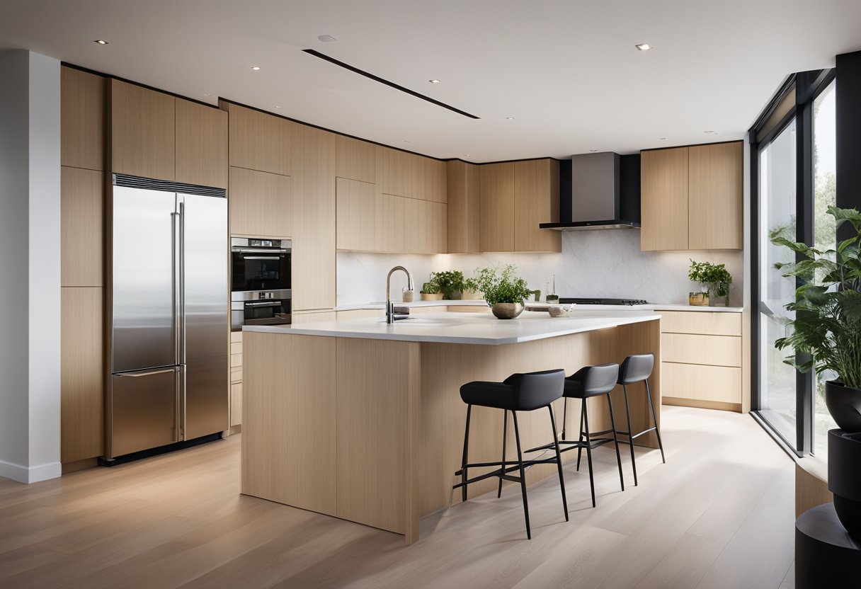 A modern, minimalist kitchen with sleek lines, light wood cabinets, and integrated appliances. A large island with a built-in sink and bar seating. Clean, uncluttered surfaces and ample natural light