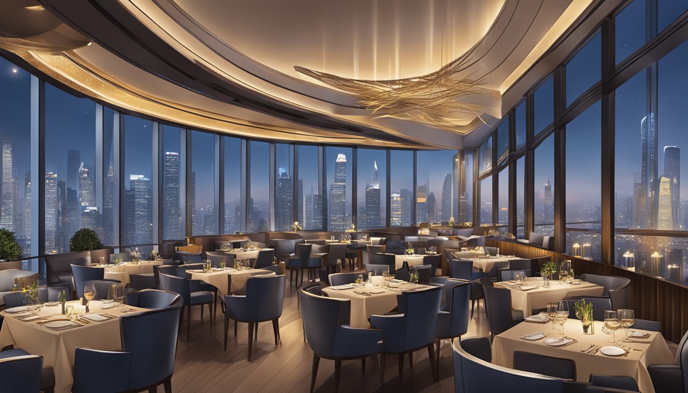 The bustling atmosphere of Rise restaurant at MBS, with elegant decor and panoramic views of the city skyline