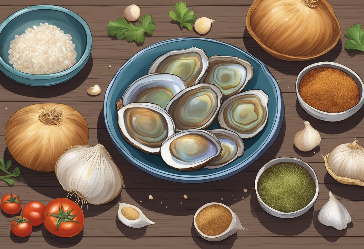 A wooden table with fresh ingredients: abalone, garlic, onions, tomatoes, and spices. A recipe book open to the South African abalone recipe