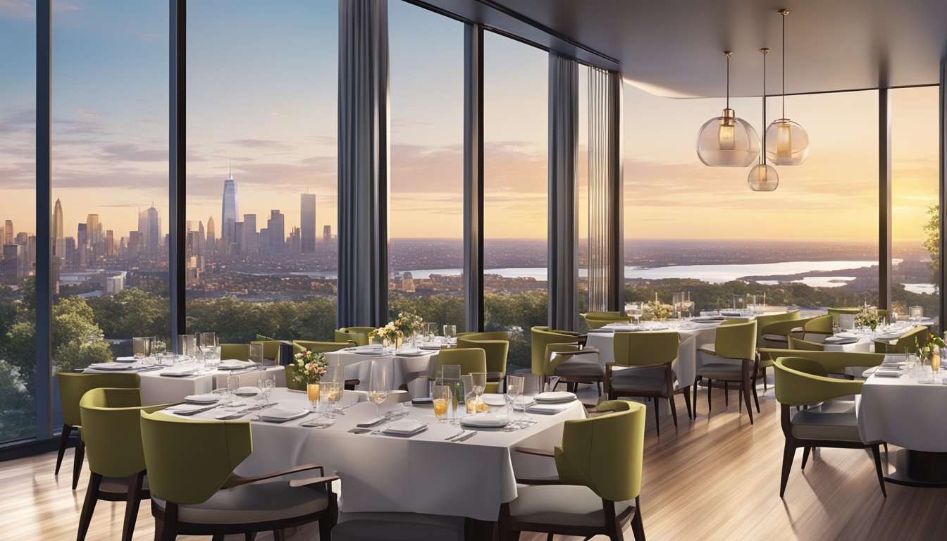 The elegant dining room at Rise Restaurant features modern decor, with floor-to-ceiling windows offering stunning views of the city skyline