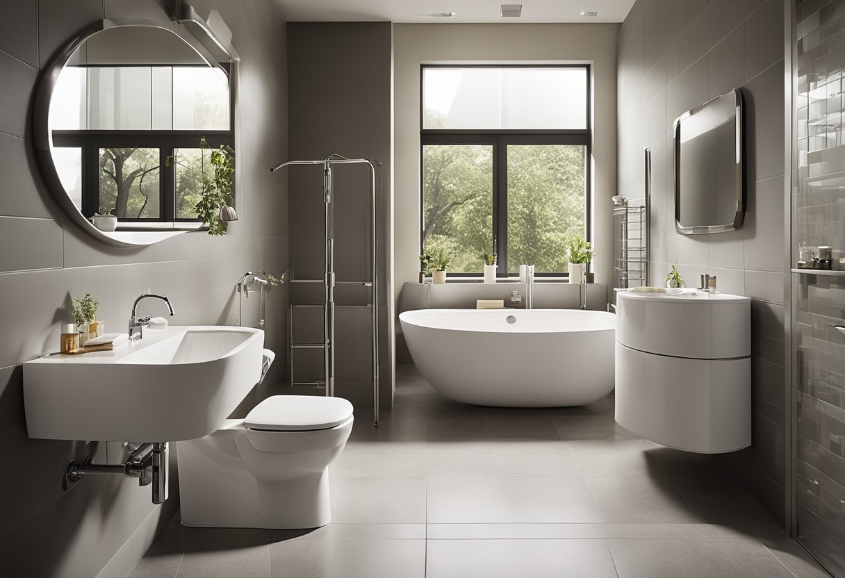 A spacious, well-lit bathroom with grab bars, non-slip flooring, and a walk-in shower with a seat. Raised toilets and accessible sinks for ease of use