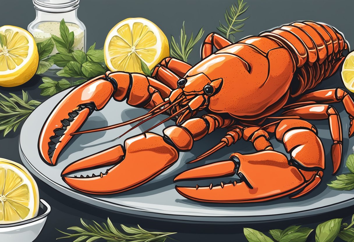 A large Australian lobster is being prepared with butter and herbs on a sizzling grill. Lemon wedges and a side of garlic butter are arranged nearby