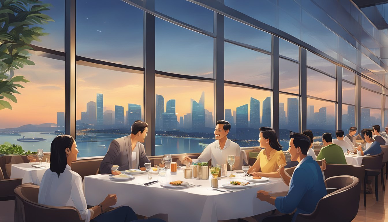 The bustling atmosphere of diners enjoying their meals at Rise Restaurant, with a panoramic view of the city skyline from the Marina Bay Sands
