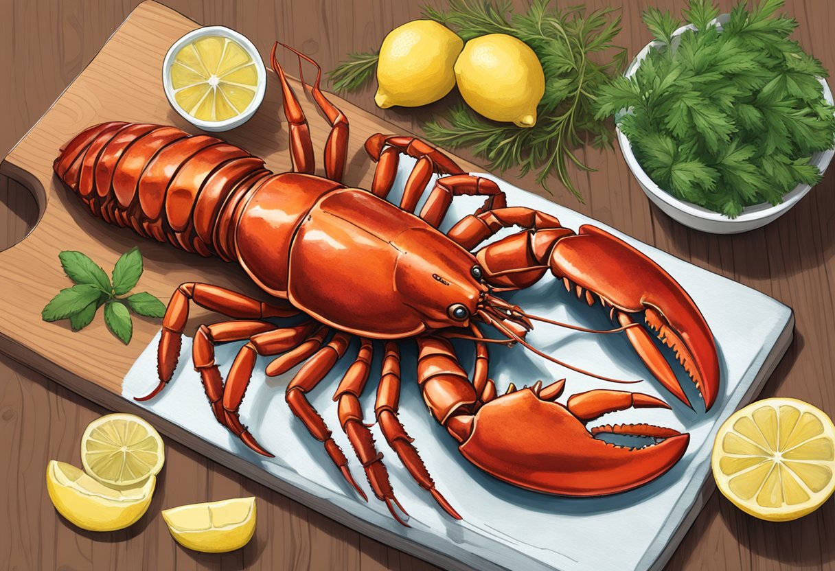 An Australian lobster sits on a cutting board surrounded by fresh herbs, lemon wedges, and a bowl of melted butter
