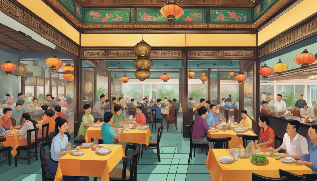A bustling straits chinese nonya restaurant with vibrant decor and traditional Peranakan cuisine being served to eager patrons