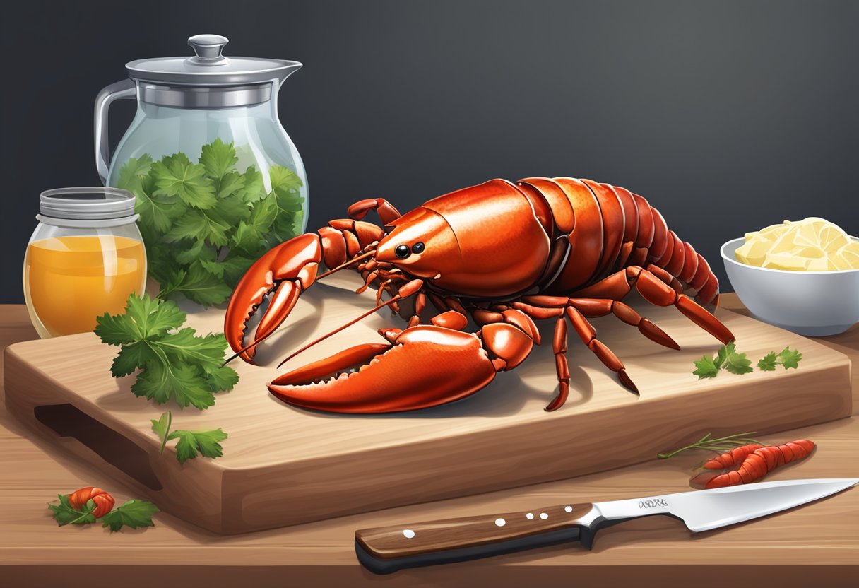 A pot of boiling water, a fresh Australian lobster, a chef's knife, and a cutting board ready for the preparation of a delicious lobster recipe