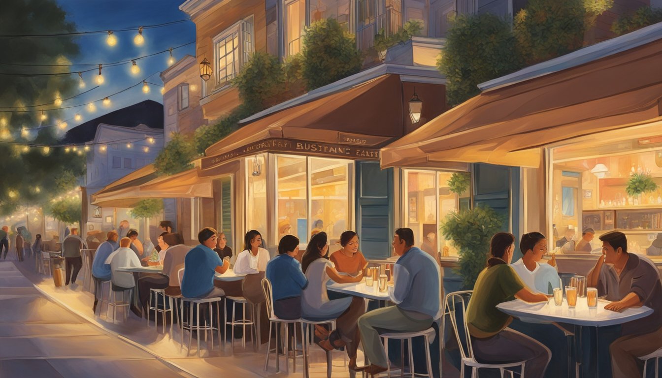 The town restaurant in Fullerton bustles with activity as patrons dine al fresco under twinkling lights, while others enjoy drinks at the bar inside. The warm glow of the restaurant's interior spills out onto the sidewalk, inviting passersby to join