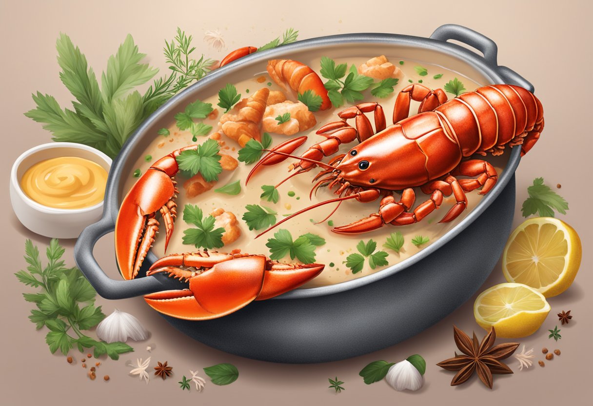 A steaming pot of Australian lobster in a rich, creamy sauce, surrounded by vibrant herbs and spices