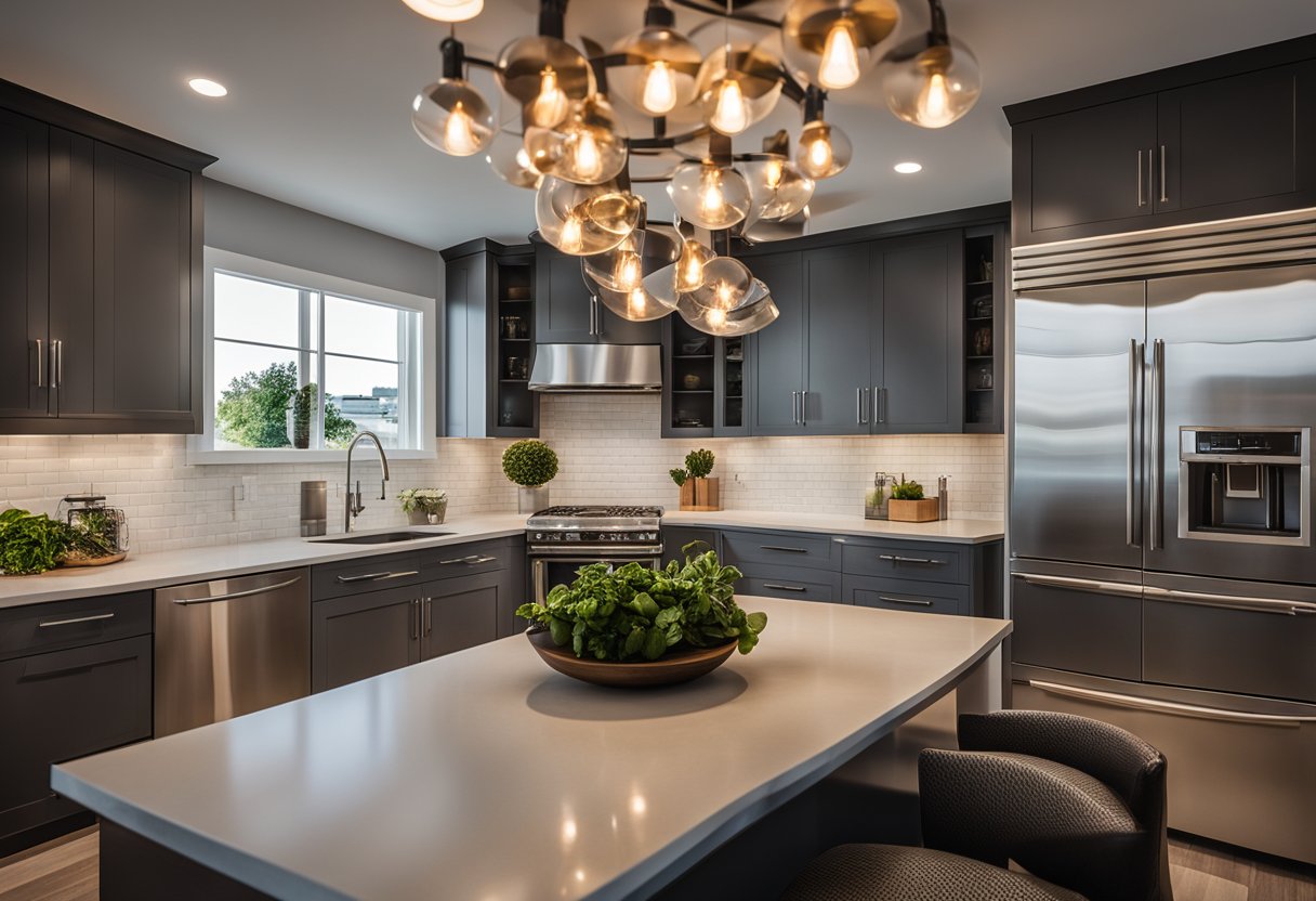 A modern kitchen with a sleek, circular ceiling light fixture casting a warm glow over the countertops and stainless steel appliances