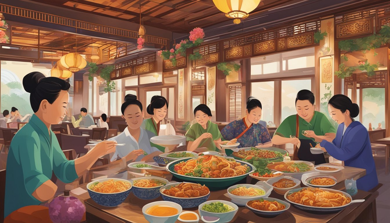 Customers savoring vibrant, aromatic dishes at the bustling straits chinese nonya restaurant. The colorful, bustling atmosphere is filled with the sounds of sizzling woks and clinking cutlery