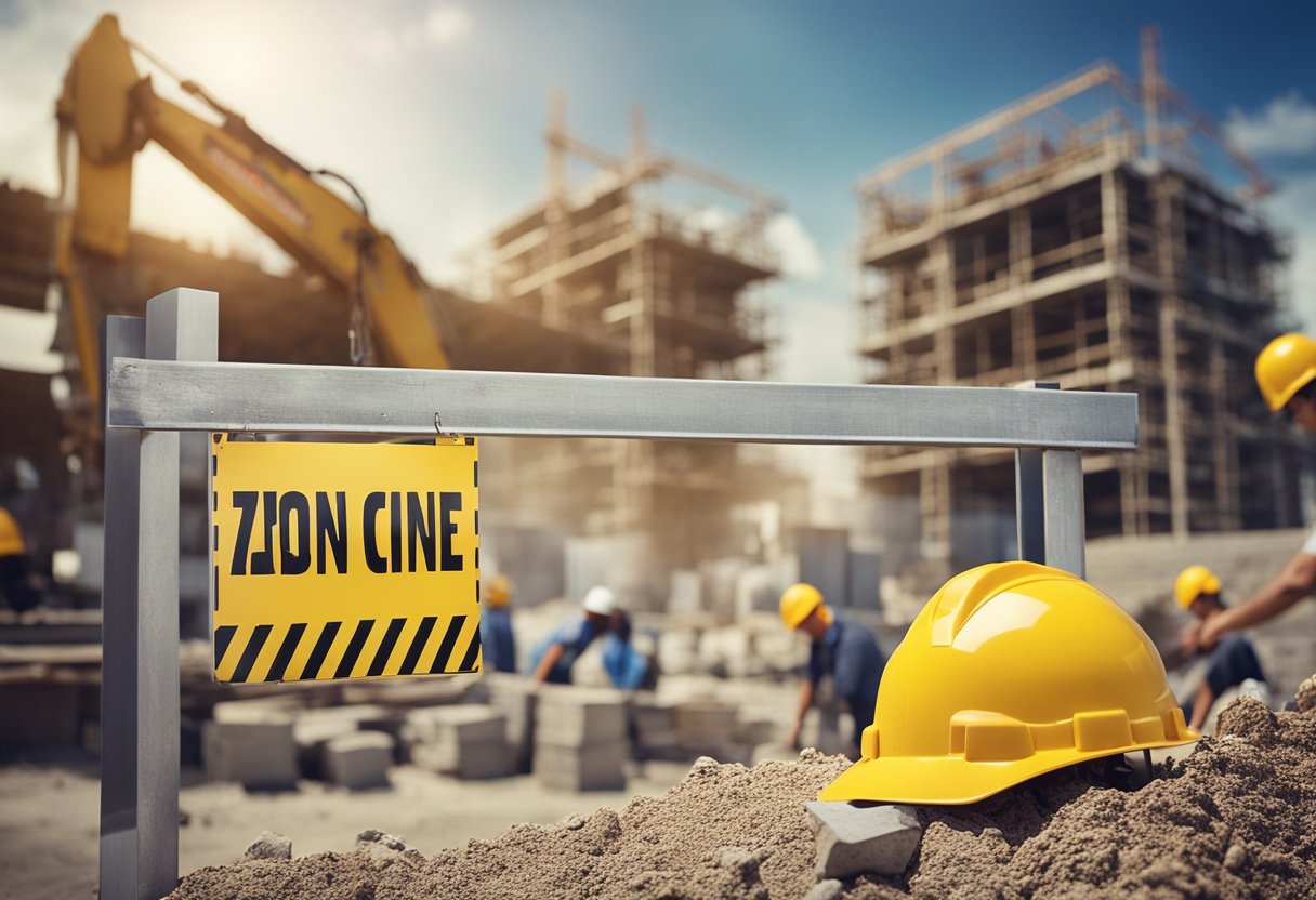 The scene shows a construction site with ezen general renovation & engineering works company details displayed prominently on a sign