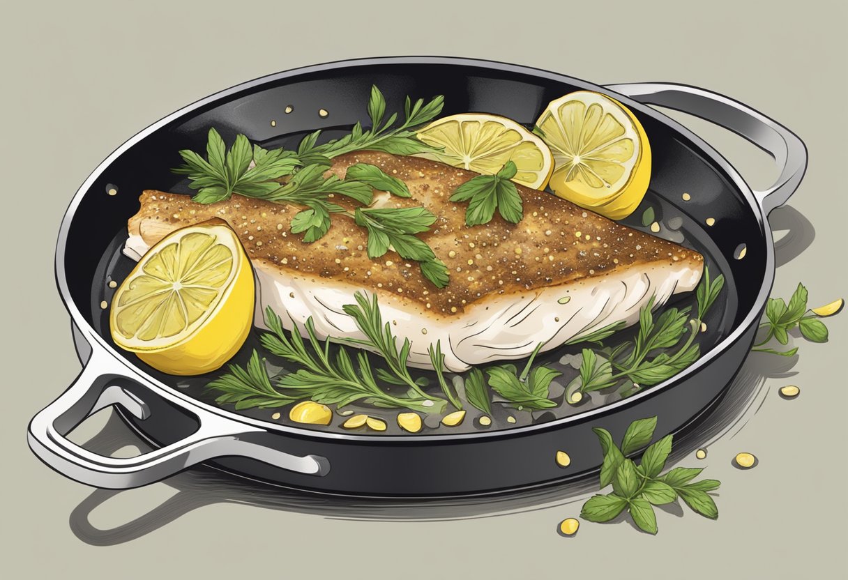 A cod fish fillet sizzling in a hot skillet with a sprinkle of herbs and lemon slices on the side