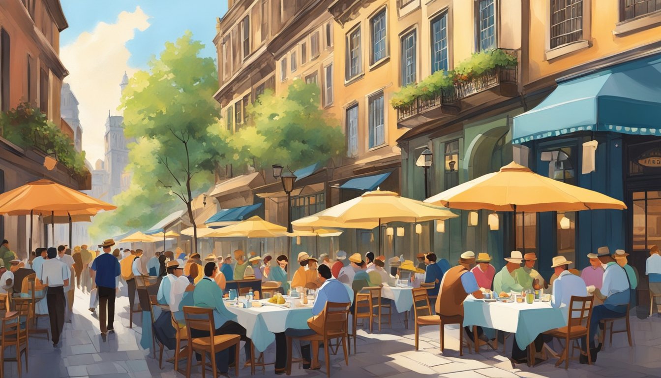 People dining at outdoor tables, colorful umbrellas shading them. Waiters bustling between tables, serving food and drinks. Historic buildings line the street, adding charm to the scene