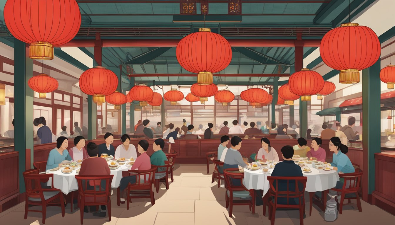 Busy tien court restaurant with round tables, red lanterns, and steaming dim sum carts