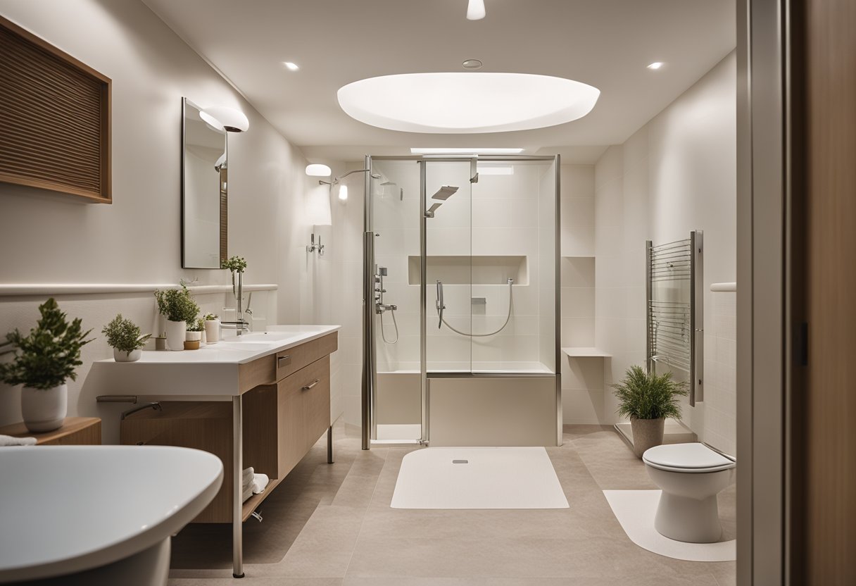 An elderly person stands in a spacious, accessible bathroom with grab bars and a walk-in shower. The space is well-lit and features non-slip flooring and a raised toilet seat