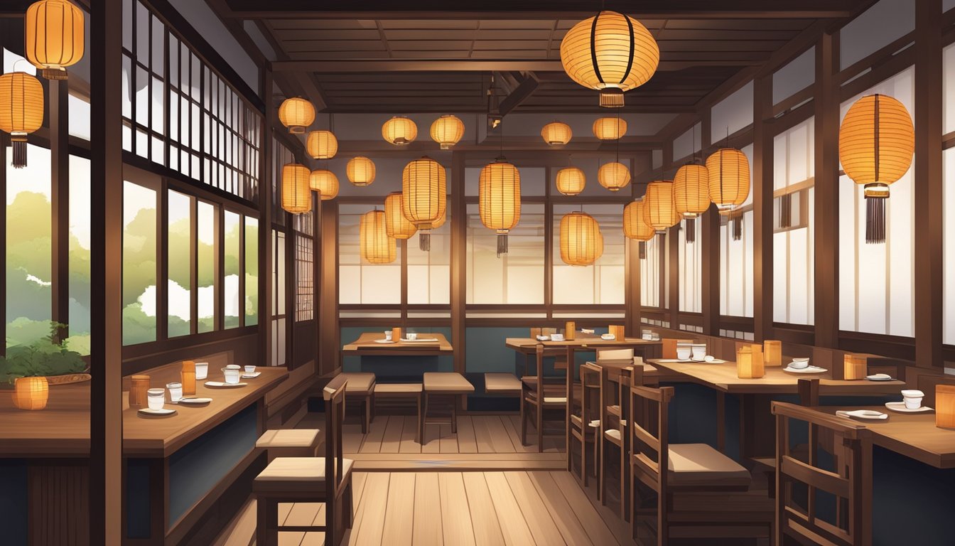 A cozy Japanese restaurant with wooden decor, paper lanterns, and a traditional unagi grill