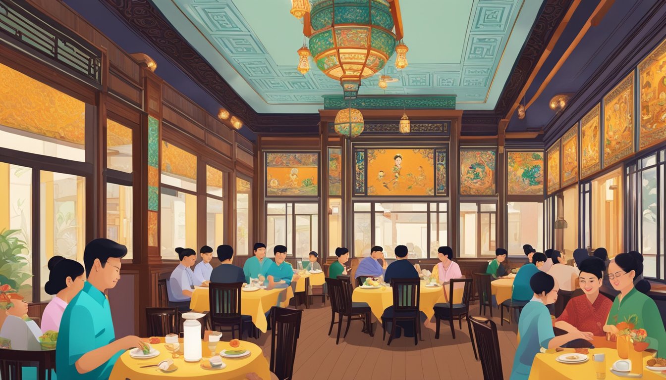 Guests enjoy dining at straits chinese nonya restaurant, surrounded by vibrant Peranakan decor and traditional cuisine
