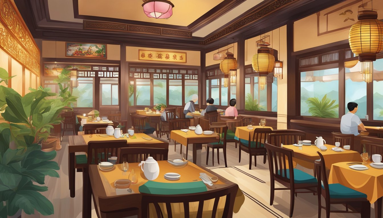 A bustling straits chinese nonya restaurant with colorful decor, traditional wooden furniture, and steaming plates of aromatic dishes on every table