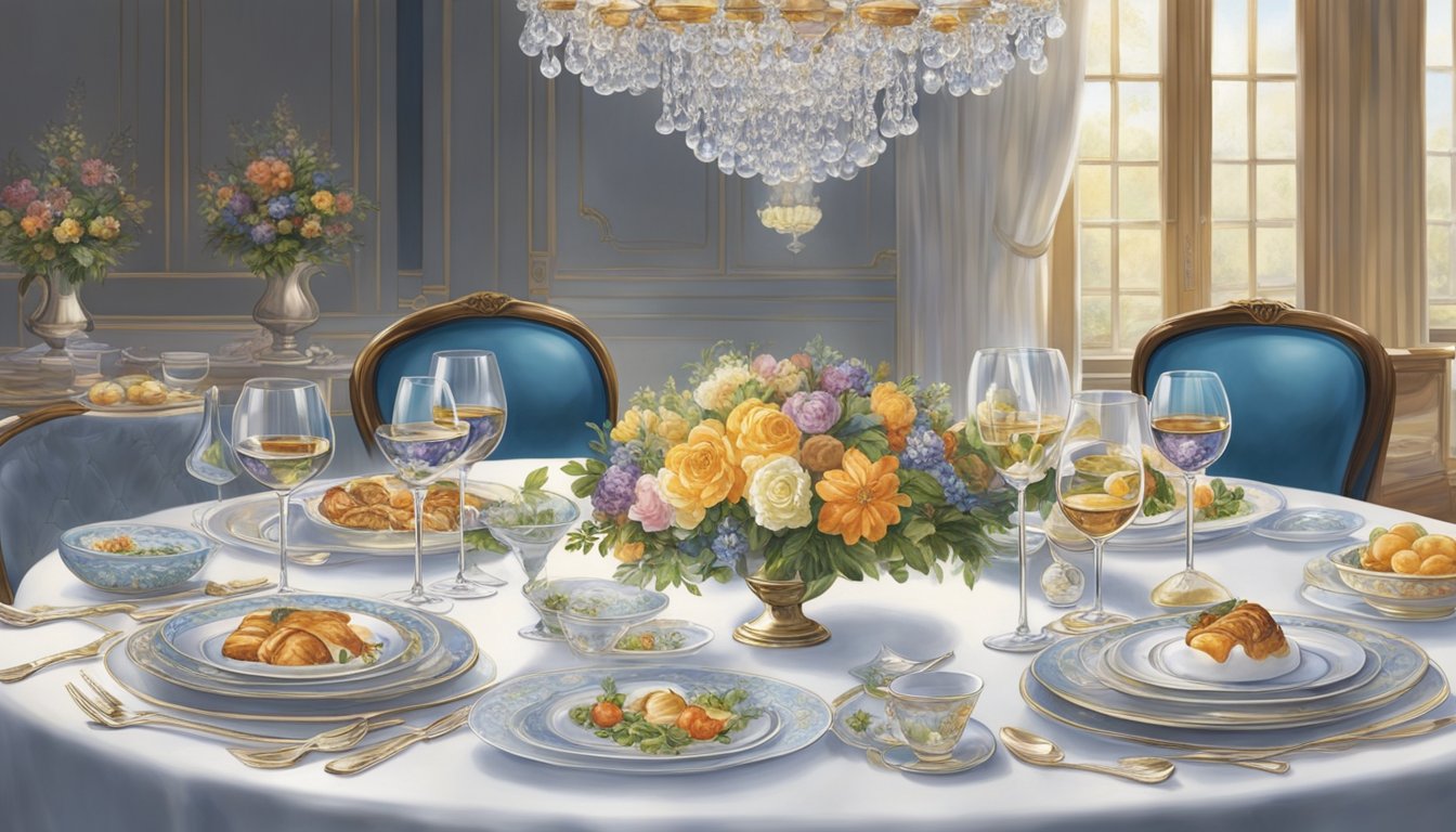 A table set with fine china and crystal glasses, adorned with elegant floral centerpieces. A chef skillfully prepares a multi-course meal in an open kitchen, while diners savor the exquisite flavors and aromas