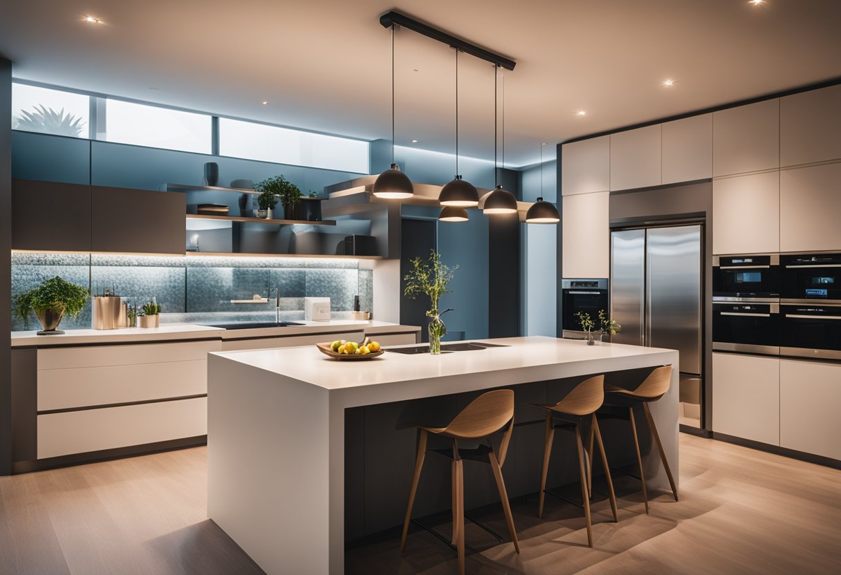 A modern kitchen with a sleek, minimalist ceiling light design illuminating the space with a warm, inviting glow